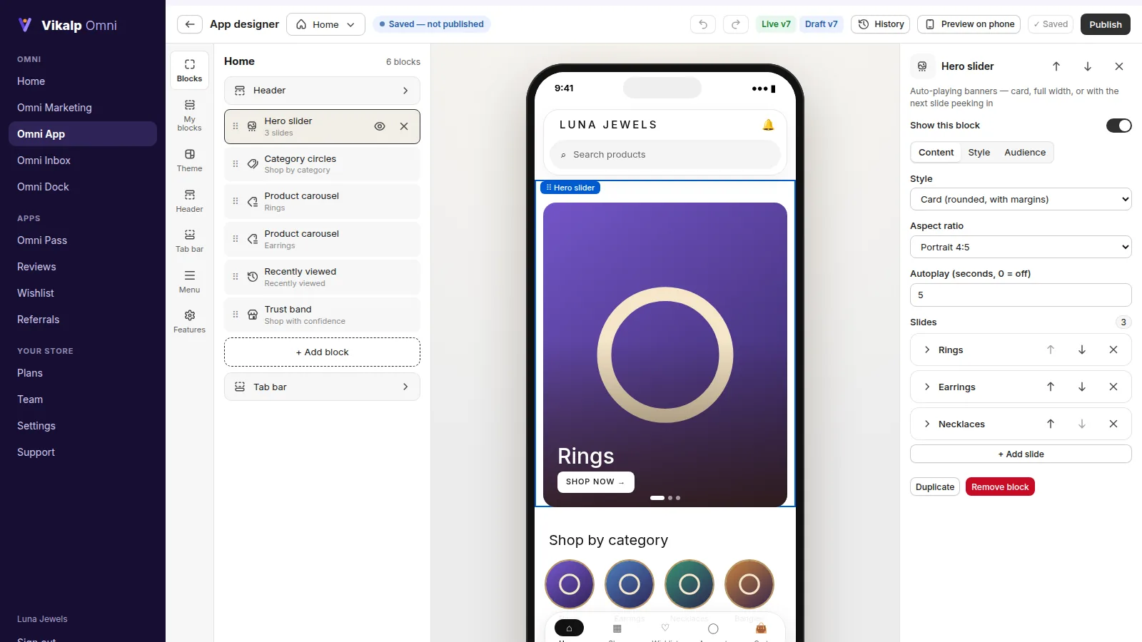 The Omni App designer with a phone preview of the store’s app