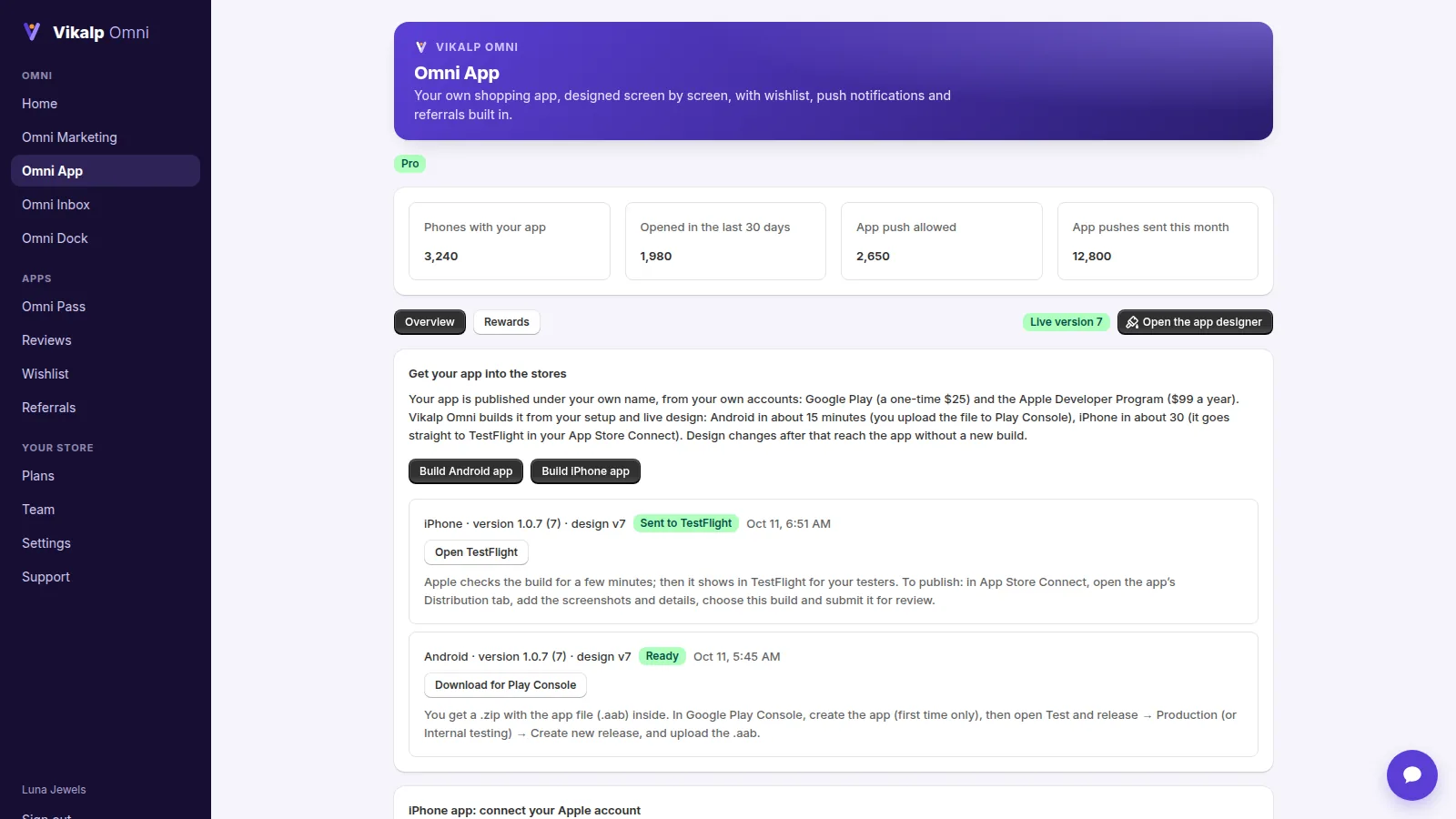 Omni App overview: installs, active customers and builds